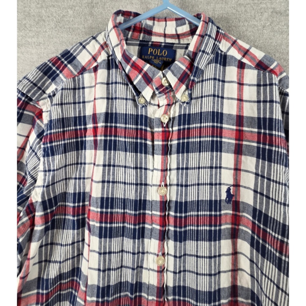 RALPH LAUREN Boys XL 18-20 Button Up SHIRT Short Sleeve RED White Blue PLAID